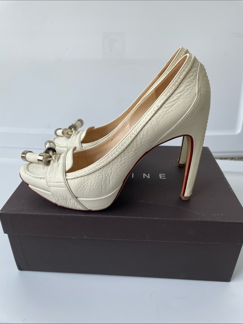 Vintage Celine Women's Ivory Leather High Heel Loafers